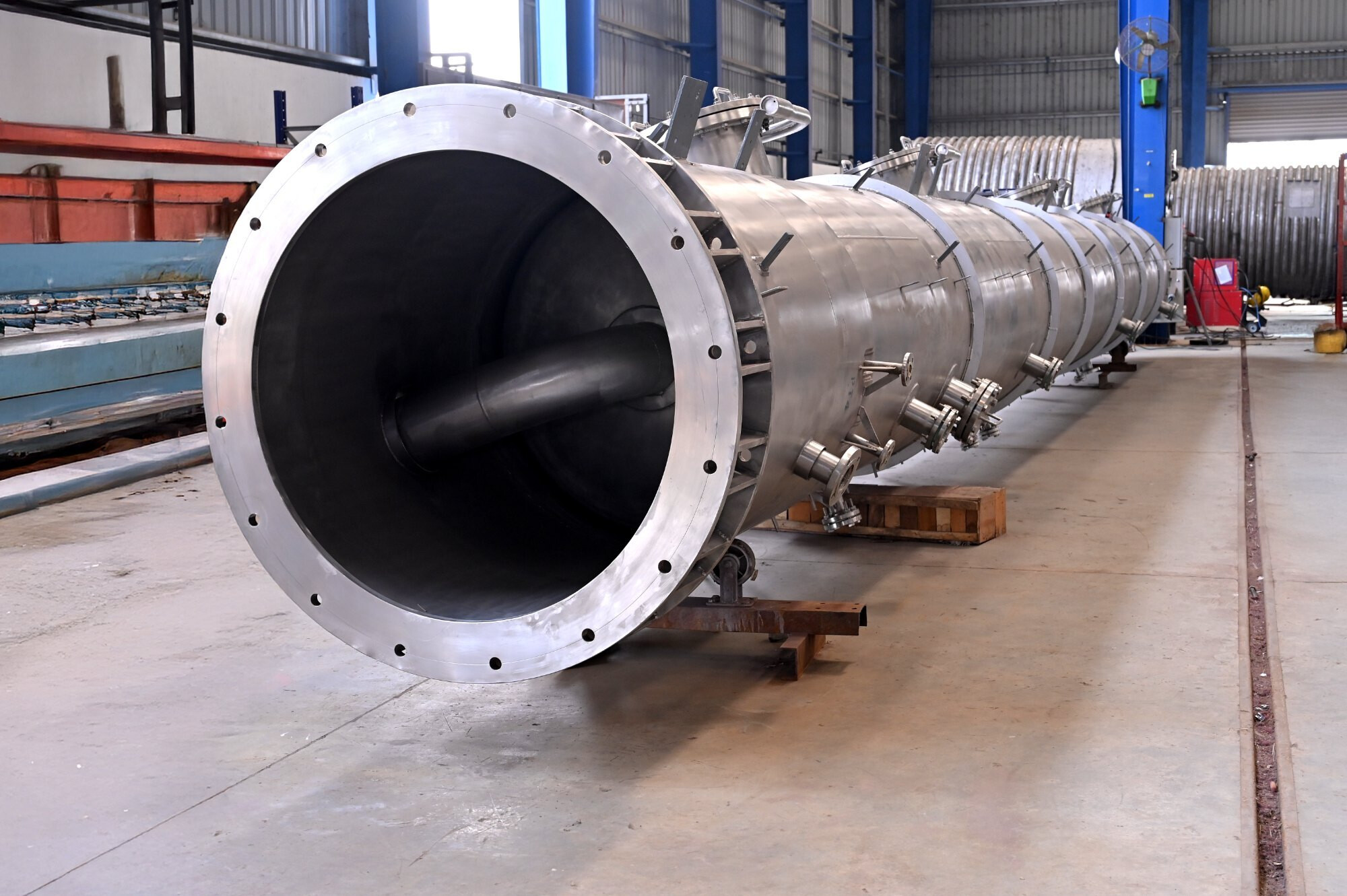 Stainless-steel distillation column under fabrication