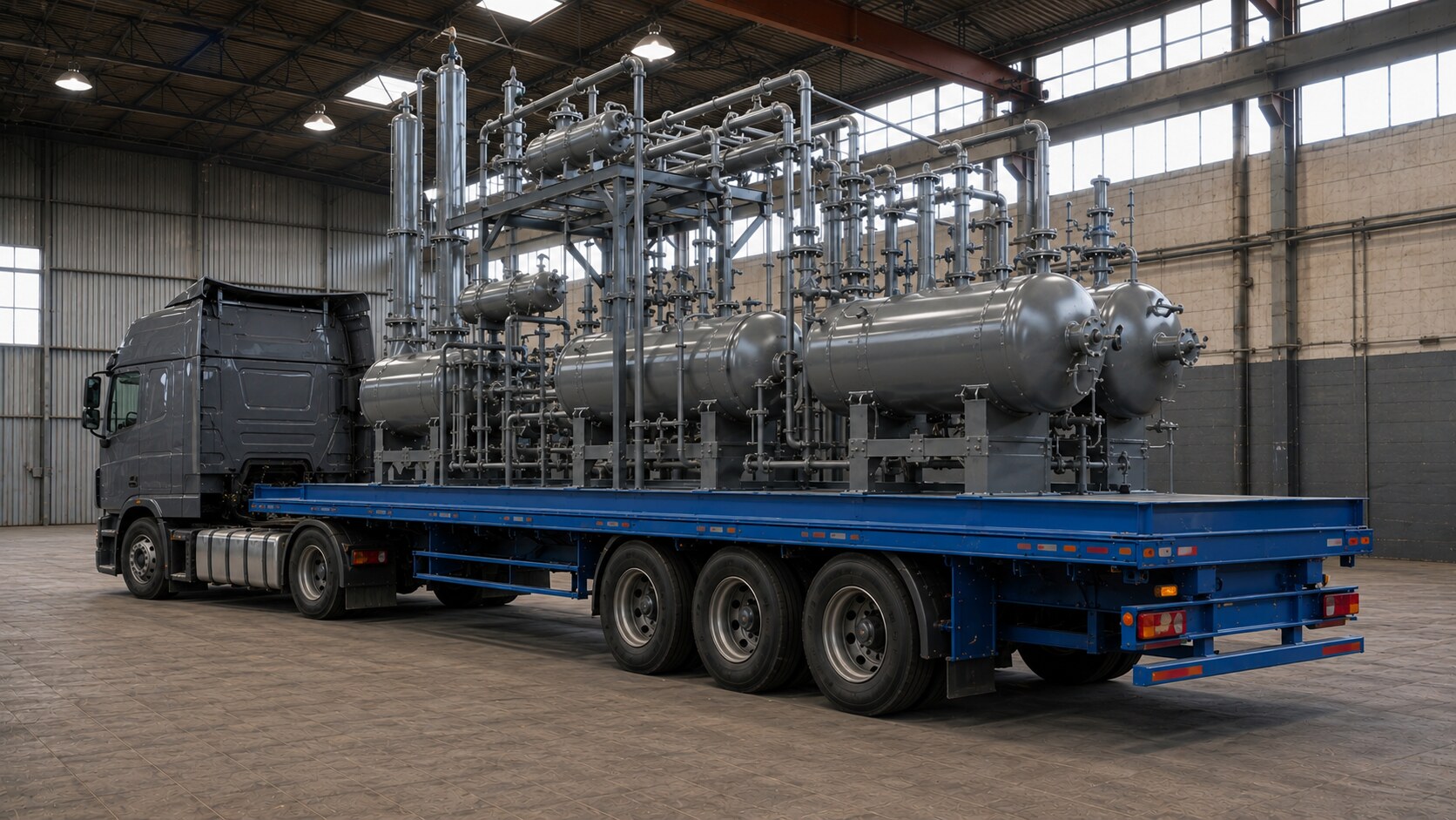 Complete turnkey mobile refinery, alternate transport view